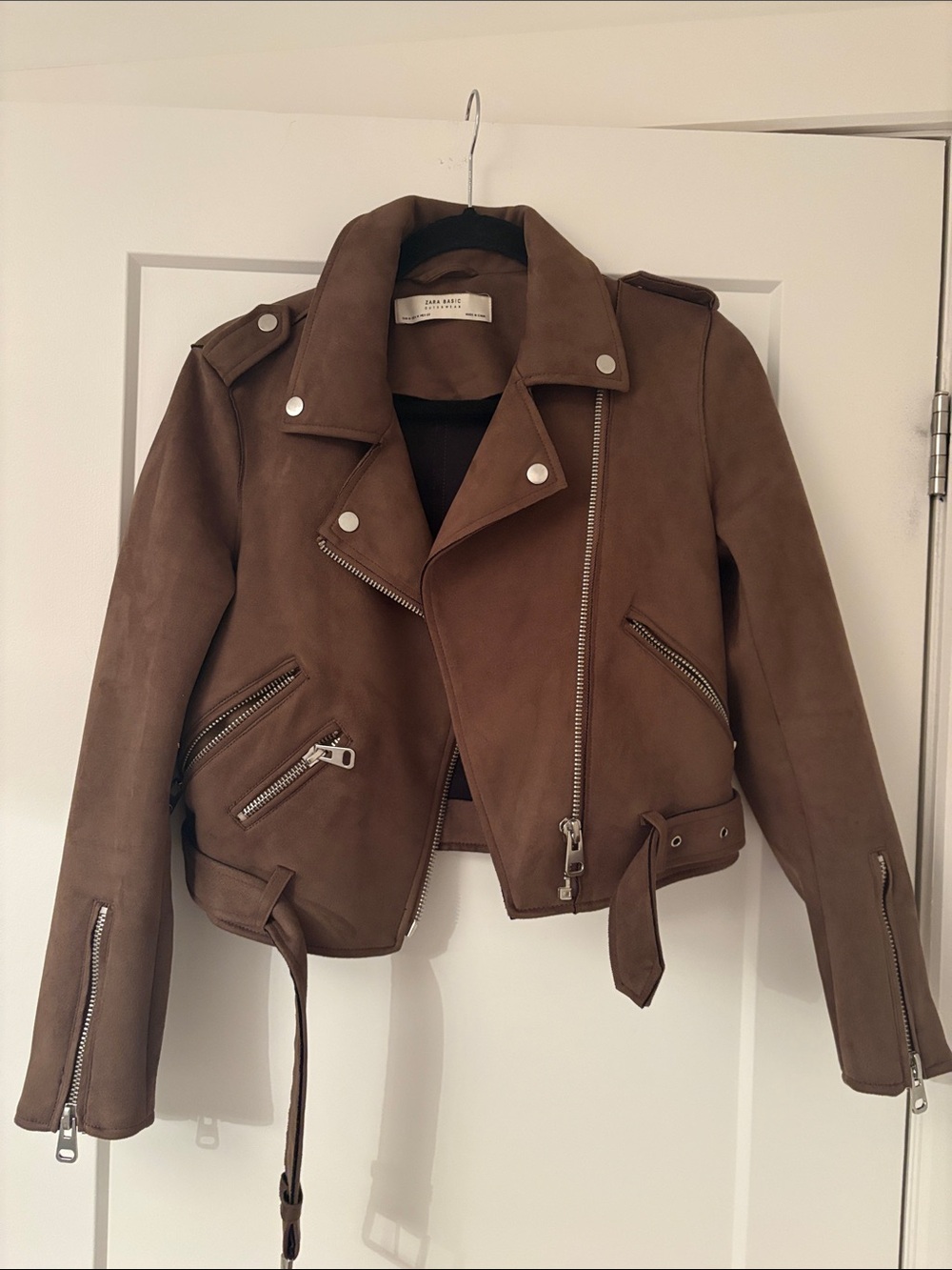 Zara Brown Suede Moto Jacket with Belted Hem